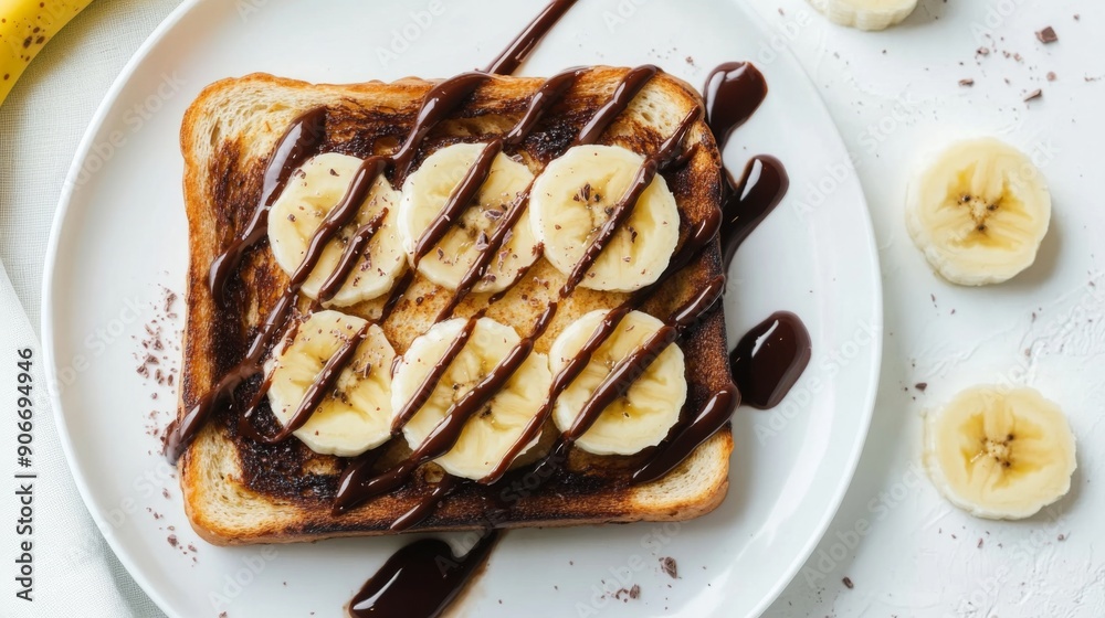 Poster honey toast with a drizzle of chocolate sauce and fresh banana slices, photographed from above on a 