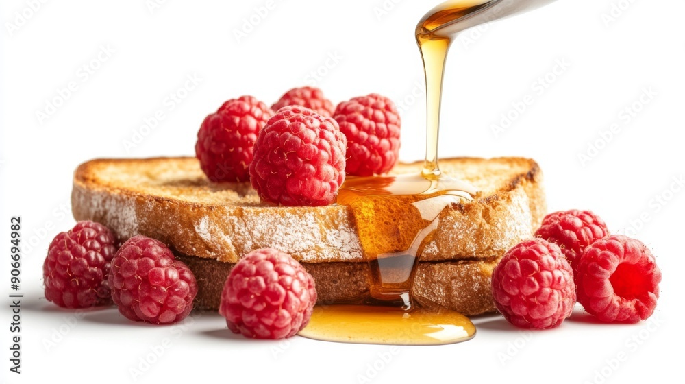 Poster Honey toast with a generous drizzle of maple syrup and fresh raspberries, isolated on a white background.