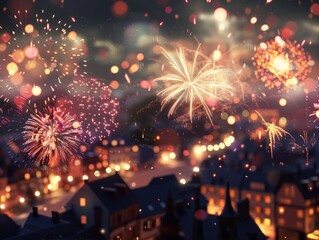 A city skyline at night with colorful fireworks exploding in the sky