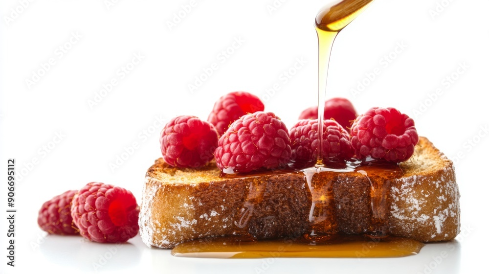 Aufkleber Honey toast with a generous drizzle of maple syrup and fresh raspberries, isolated on a white background.