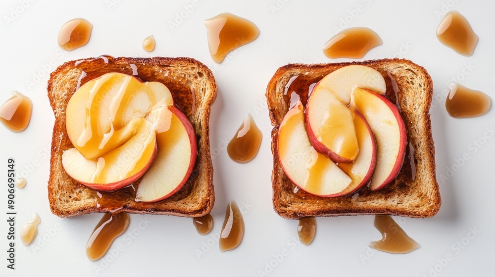 Poster Honey toast with caramel drizzle and sliced apples, photographed from above on a white background.