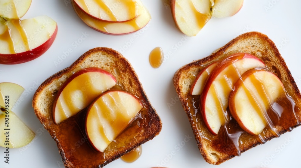 Poster Honey toast with caramel drizzle and sliced apples, photographed from above on a white background.