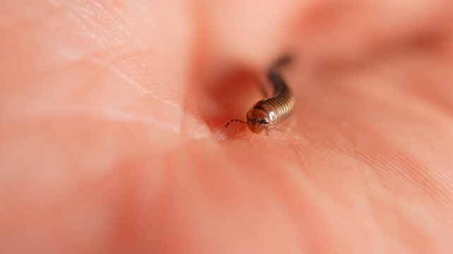 Millipede walks on human hand. Scary crawling centipede bug on human skin. Formication sensation on or under the skin. Halloween shot of the insect. Entomophobia phobia of bugs and insects, horror.
