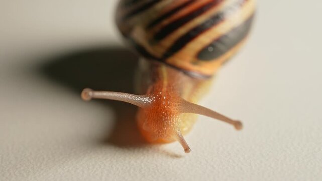 Snail moving extreme macro close up. Vineyard snail crawling. Slug on white background. Crustacean land animals in the class of molluscs. Malacophobia phobia fear of snails. Halloween background.