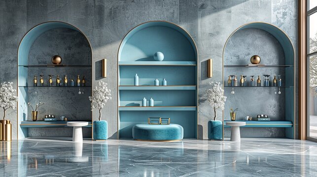 3D renderings for product displays featuring popular colors like blue, grey, turquoise, and gold, perfect for showcasing modern and stylish items with high visual appeal. high resolution