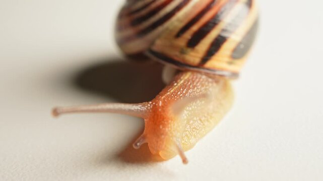 Snail moving extreme macro close up. Vineyard snail crawling. Slug on white background. Crustacean land animals in the class of molluscs. Malacophobia phobia fear of snails. Halloween background.