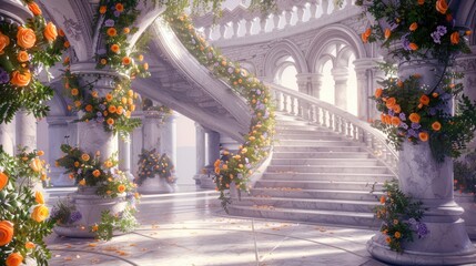 Marble white stairs with flower garlands, fantasy palace or heaven stone stair with floral decorations, fairytale princess castle interior, AI generated image