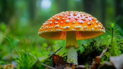 Close-up wild mushroom growing in the nature, forest. Delicious fungus ingredient, green moss, autumn season, healthy organic food, fresh edible fungi, outdoor macro plant