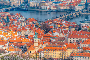 View on Prague city , charles bridge, vltava river  from Petrin Hill Tower in Czech Republic