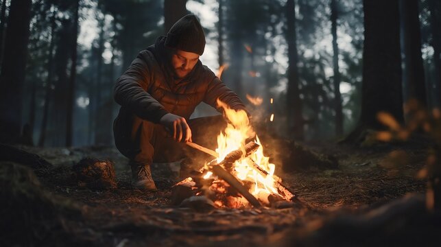 Man in the forest camping by outdoor night bonfire. Summer hiking adventure, nature recreation, picnic dinner on a mountain, tent sleeping, wood burning, travel trip, healthy lifestyle, sild survival