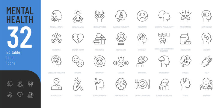 Mental Health Line Editable Icons set. Vector illustration in modern thin line style of psychology related icons: mental disorders, therapy, human emotions, and more. Pictograms and infographics
