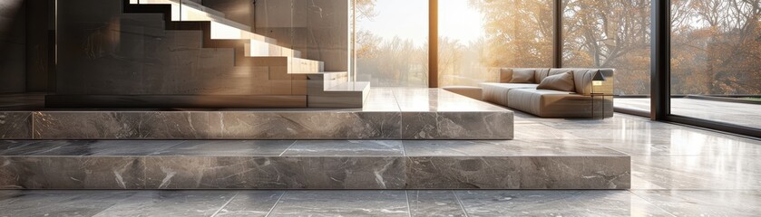 Modern Luxury Living Room with Marble Stairs and Panoramic Windows Overlooking a Serene Outdoor Landscape
