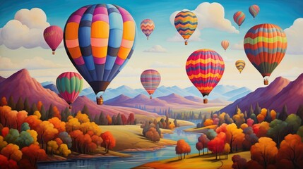 Fototapeta premium Colorful hot air balloons over patchwork fields