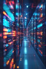 Obraz premium Futuristic Data Center with Colorful LED Lights and High-Tech Servers in a Modern Technology Environment