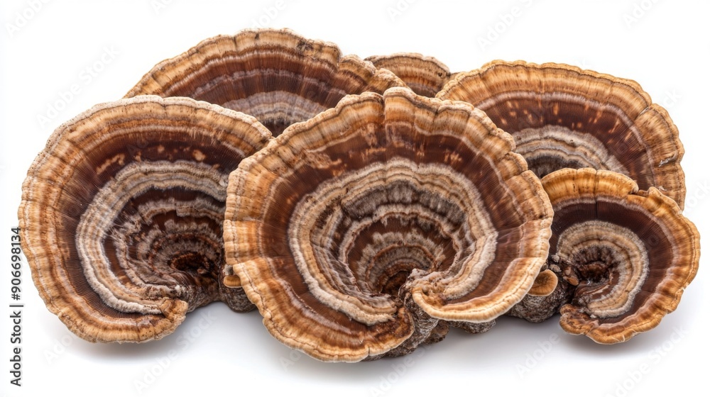 Poster organic turkey tail mushrooms arranged in a fan shape, showing their intricate patterns on a white b
