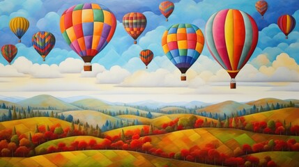 Fototapeta premium Colorful hot air balloons over patchwork fields