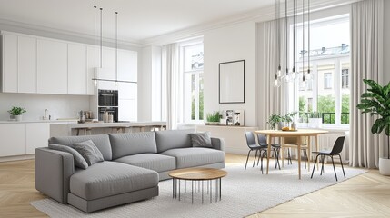 Fototapeta premium A stylish living room showcases a gray sofa paired with a matching armchair and a wooden coffee table under natural light
