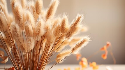 A bunch of dry wheat stalks are arranged in a vase