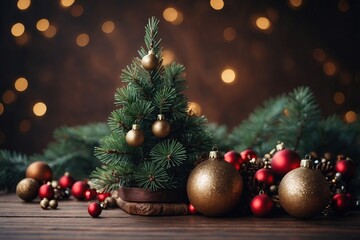 Obraz premium Christmas background with fir tree and decoration copyspace