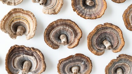 Organic turkey tail mushrooms laid out in a pattern, showcasing their natural textures on a white background.