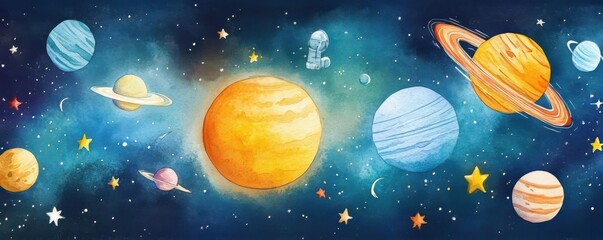 Fototapeta premium Creative and whimsical watercolor cartoon of deep space exploration featuring a telescope view filled with stars, planets, and nebulae