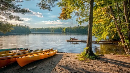 Obraz premium Serene lakeside scene with a wooden dock and boats, ideal for travel, nature, and relaxation-themed projects and visuals.