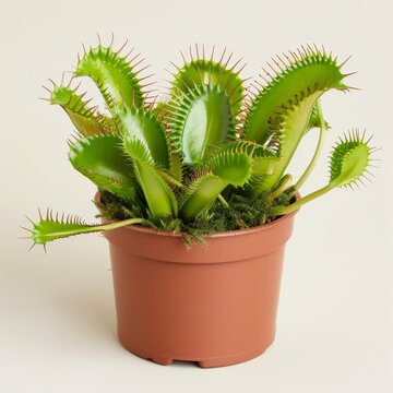 Medium shot of a Venus flytrap in the pot, isolated on a solid light pastel white background