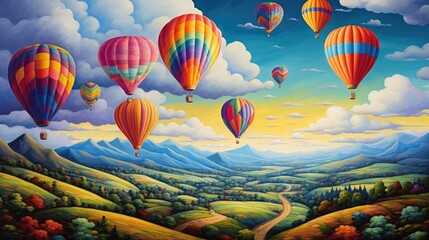 Fototapeta premium Colorful hot air balloons over patchwork fields
