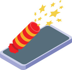 Firecracker exploding from smartphone screen for mobile games