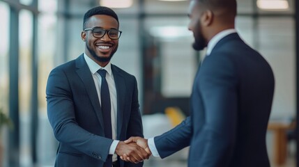 Passionate businessman shaking hands with a new partner, both smiling, in a modern office setting.