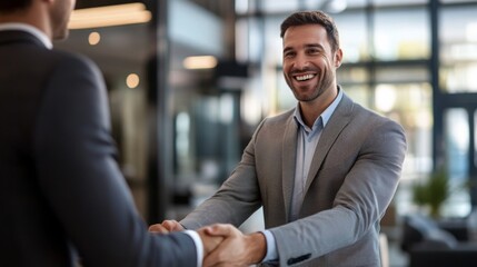 Fototapeta premium Passionate businessman shaking hands with a new partner, both smiling, in a modern office setting.