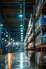 Fototapeta premium Modern Industrial Warehouse with Stacked Shelves and Pallets in a Well-Lit Environment