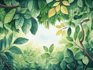 Obraz premium Watercolor Cartoon Illustration of a Cool Shaded Forest Canopy Under Lush Greenery Evoking Serenity and Tranquility