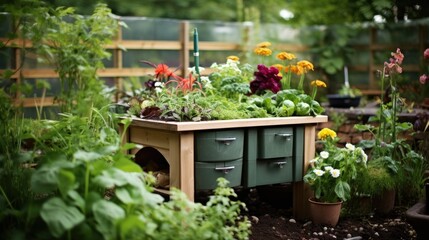 Compost bin with fresh kitchen scraps and lush garden in the backdrop