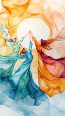 Women in flowing gowns dance gracefully in a circle, expressing charm and emotion in a vibrant watercolor style