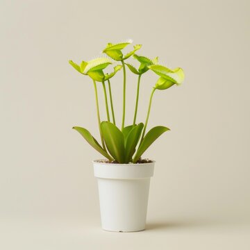 Medium shot of a Venus flytrap in the pot, isolated on a solid light pastel white background