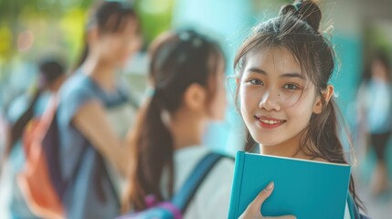 Obraz premium Beautiful Asian college girls pose with books