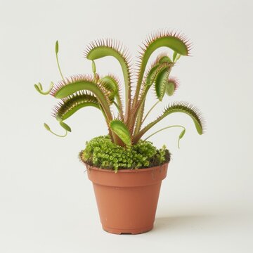 Medium shot of a Venus flytrap in the pot, isolated on a solid light pastel white background