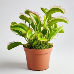 Obraz premium Medium shot of a Venus flytrap in the pot, isolated on a solid light pastel white background