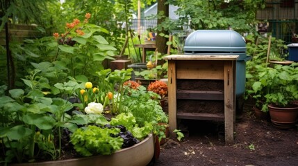 Compost bin with fresh kitchen scraps and lush garden in the backdrop
