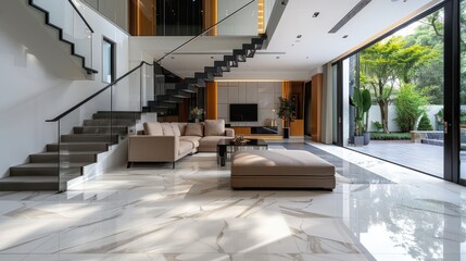 Fototapeta premium Modern Luxury Living Room with Elegant Interior Design and Large Windows Overlooking a Beautiful Garden
