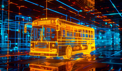 Digital school bus with binary code, integration of artificial intelligence into student transportation systems, route optimization algorithms, safety monitoring mechanisms, school bus design