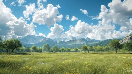 Obraz premium Natural landscape with fields, trees, and mountains in the background. under the sky