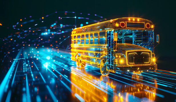 Digital school bus with binary code, integration of artificial intelligence into student transportation systems, route optimization algorithms, safety monitoring mechanisms, school bus design