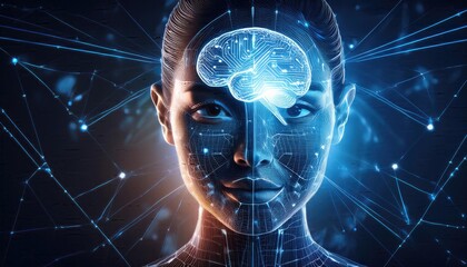 AI background, AI hologram face images, artificial intelligence images, colorful glowing lines background.