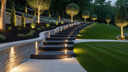 A tranquil modern garden with curved stairs, embedded lights, and manicured lawns. Ideal for landscape design, outdoor decor blogs, and architecture portfolios.