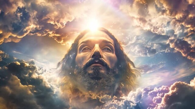 A serene face emerges from vibrant clouds, bathed in divine light, creating a tranquil yet powerful spiritual atmosphere.
