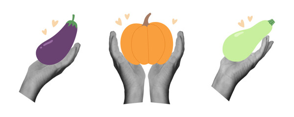 Hands holding vegetables. Design elements for card, print, poster. Isolated vector illustration