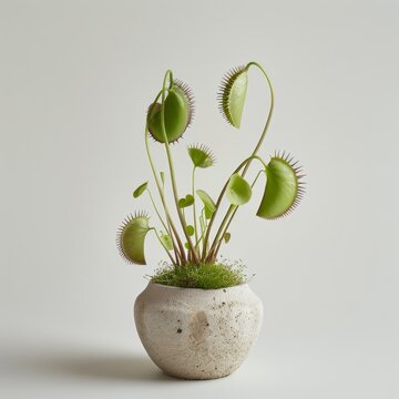 Medium shot of a Venus flytrap in the pot, isolated on a solid light pastel white background