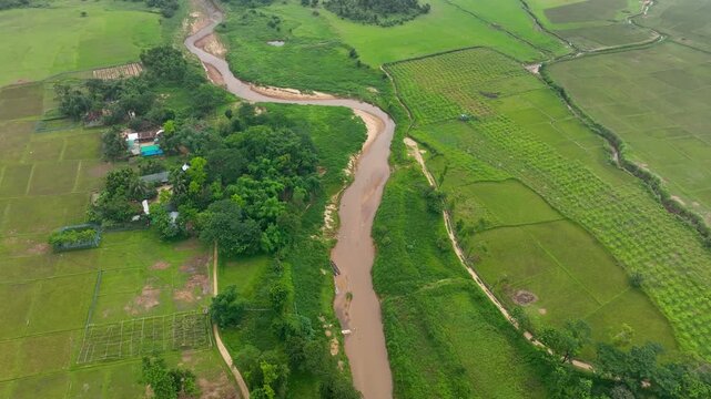 Beautiful Rural Scene with Lush Fields and Flowing small River